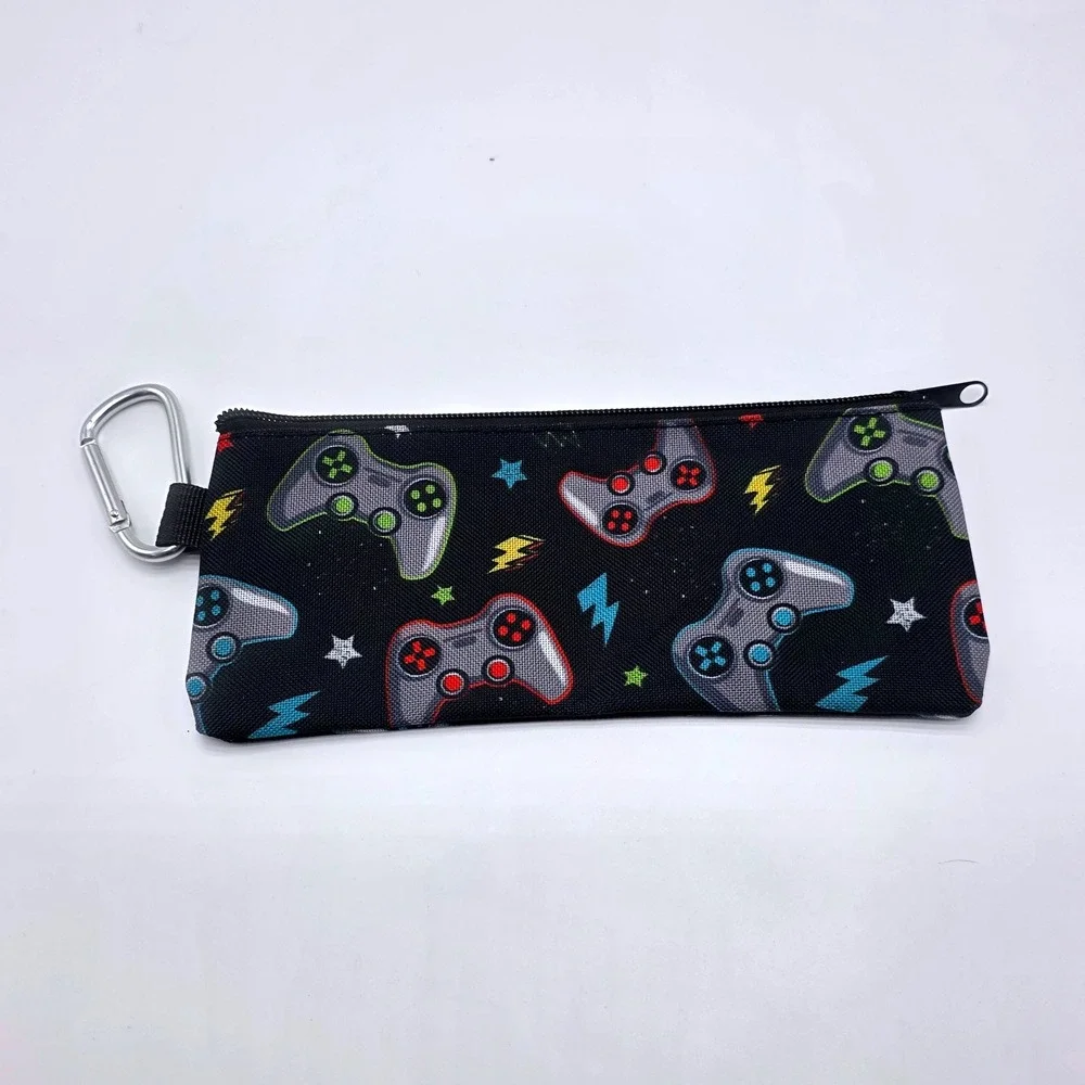 Kids Video Game Controller Canvas Pencil Case Pouch with Carabiner Black Clip On
